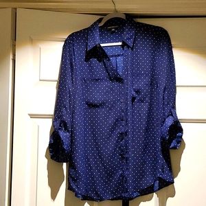 3/4 sleeve, navy polka dot button up shirt